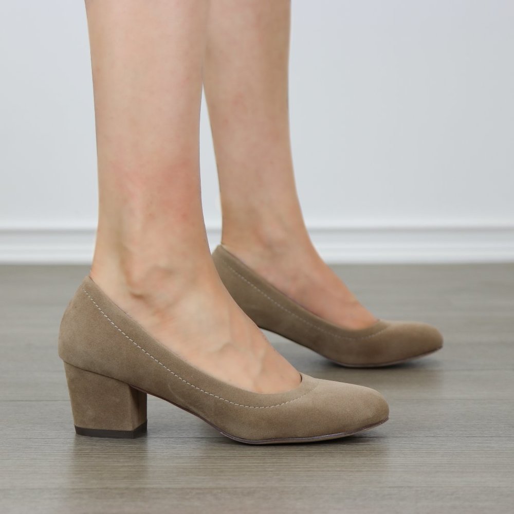 Taupe Vegan Suede Round Toe Chunky Heel Pump - Picture 6 of 6